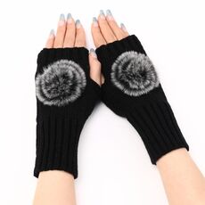 Guanti da donna autunno e inverno senza dita con palla di pelo in lana lavorata a maglia maniche calde (nero)