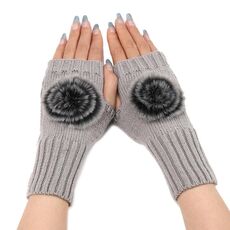 Guanti da donna autunno e inverno senza dita con palla di pelo in lana lavorata a maglia maniche calde (grigio chiaro)