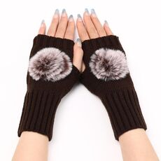 Guanti da donna autunno e inverno con palla di pelo senza dita maniche calde in lana lavorata a maglia (caffè)