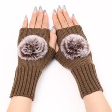 Guanti da donna autunno e inverno con palla di pelo senza dita maniche calde in lana lavorata a maglia (cachi)
