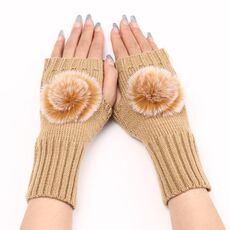 Guanti da donna autunno e inverno senza dita con palla di pelo in lana lavorata a maglia maniche calde (colore crema)