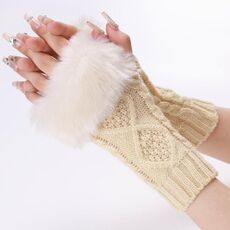 Guanti da donna tipo corto in pelliccia con maniche a maniche lunghe senza dita in maglia diamantata (beige)
