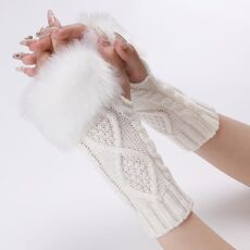 Guanti da donna tipo corto in pelliccia con maniche a maniche lunghe senza dita in maglia diamantata (bianco)