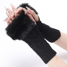 Guanti da donna tipo corto in pelliccia con maniche a maniche lunghe senza dita in maglia diamantata (nero)