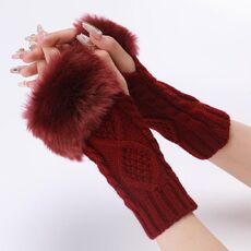 Guanti da donna tipo corto in pelliccia con maniche a maniche lunghe senza dita in maglia diamantata (rosso vino)