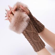 Guanti da donna tipo corto in pelliccia con maniche a maniche calde in maglia diamantata (cachi)