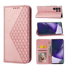 Per Samsung Galaxy S22 Ultra 5G Cubic Grid Calf Texture Chiusura magnetica Custodia per telefono in pelle (oro rosa)