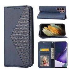 Per Samsung Galaxy S22 Ultra 5G Cubic Grid Calf Texture Chiusura magnetica Custodia per telefono in pelle (blu)