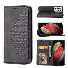 Per Samsung Galaxy S21 Ultra 5G Cubic Grid Calf Texture Chiusura magnetica Custodia per telefono in pelle (nero)