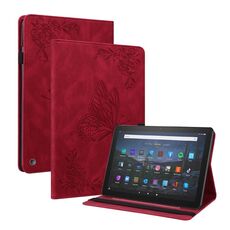 Per Amazon Kindle Fire 7 2022 Custodia per tablet in pelle goffrata fiore farfalla (rosso)