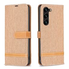 Per Samsung Galaxy S23 + 5G Color Block Denim Texture Custodia per telefono in pelle (marrone)