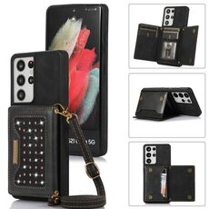 Per Samsung Galaxy S21 Ultra Custodia in pelle tripla RFID con cordino (nero)