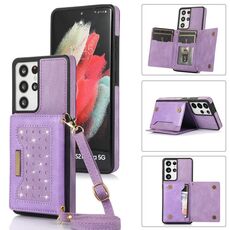 Per Samsung Galaxy S21 Custodia per telefono in pelle RFID ultra tripla con cordino (viola)