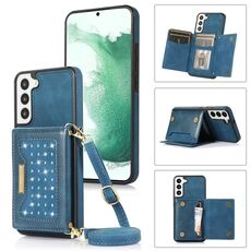 Per Samsung Galaxy S22 + Custodia per telefono in pelle RFID a tre pieghe con cordino (blu)