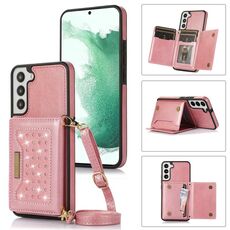 Per Samsung Galaxy S21 + Custodia per telefono in pelle RFID a tre pieghe con cordino (oro rosa)