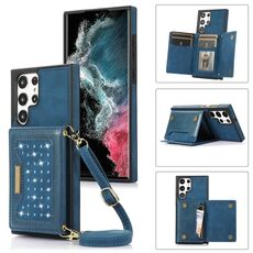 Per Samsung Galaxy S22 Custodia per telefono in pelle RFID ultra tripla con cordino (blu)