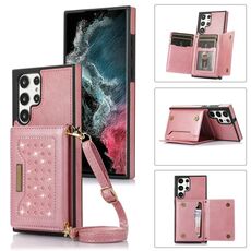 Per Samsung Galaxy S22 Ultra custodia in pelle RFID a tre pieghe con cordino (oro rosa)