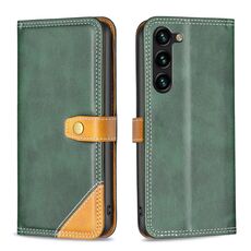 Per Samsung Galaxy S23 + 5G Custodia per telefono in pelle con doppio filo per cucire abbinata a colori (verde)