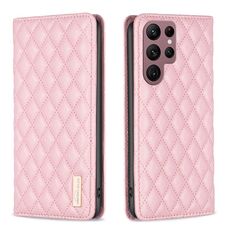 Per Samsung Galaxy S22 Ultra 5G Diamond Lattice Custodia magnetica in pelle per telefono (rosa)