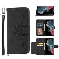 Per Samsung Galaxy S22 Ultra 5G Custodia per telefono in pelle con fiori in rilievo al tatto (nero)