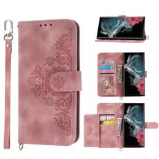Per Samsung Galaxy S22 Ultra 5G Custodia per telefono in pelle a portafoglio con fiori in rilievo (rosa)