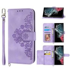 Per Samsung Galaxy S22 Ultra 5G Custodia per telefono in pelle a portafoglio con fiori in rilievo (viola)