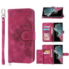 Per Samsung Galaxy S22 Ultra 5G Custodia per telefono in pelle con fiori in rilievo al tatto (rosso vino)