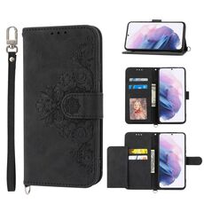 Per Samsung Galaxy S21 Ultra 5G Custodia per telefono in pelle a portafoglio con fiori in rilievo (nero)