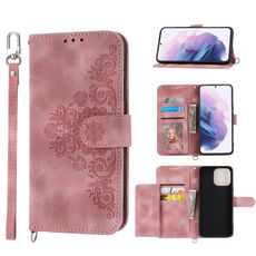 Per Samsung Galaxy S21 Ultra 5G Custodia per telefono in pelle a portafoglio con fiori in rilievo (rosa)