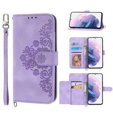 Per Samsung Galaxy S21 Ultra 5G Custodia per telefono in pelle a portafoglio con fiori in rilievo (viola)