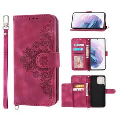 Per Samsung Galaxy S21 Ultra 5G Custodia per telefono in pelle con fiori in rilievo al tatto (rosso vino)