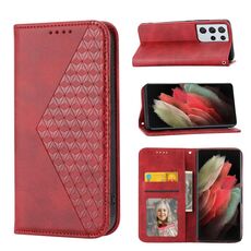 Per Samsung Galaxy S21 Ultra 5G Cubic Grid Calf Texture Chiusura magnetica Custodia per telefono in pelle (rosso)