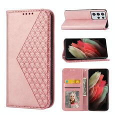 Per Samsung Galaxy S21 Ultra 5G Cubic Grid Calf Texture Chiusura magnetica Custodia per telefono in pelle (oro rosa)