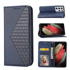 Per Samsung Galaxy S21 Ultra 5G Cubic Grid Calf Texture Chiusura magnetica Custodia per telefono in pelle (blu)