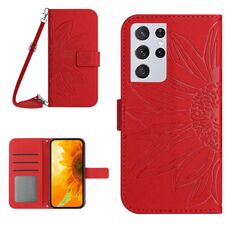 Per Samsung Galaxy S21 Ultra 5G Skin Feel Sun Flower Pattern Flip Custodia in pelle per telefono con cordino (rosso)