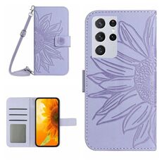 Per Samsung Galaxy S21 Ultra 5G Skin Feel Sun Flower Pattern Flip Custodia in pelle per telefono con cordino (viola)