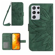 Per Samsung Galaxy S21 Ultra 5G Skin Feel Sun Flower Pattern Flip Custodia in pelle per telefono con cordino (verde)