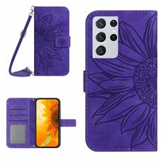 Per Samsung Galaxy S21 Ultra 5G Skin Feel Sun Flower Pattern Flip Custodia in pelle per telefono con cordino (viola scuro)