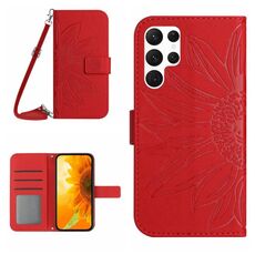 Per Samsung Galaxy S22 Ultra 5G Skin Feel Sun Flower Pattern Flip Custodia in pelle per telefono con cordino (rosso)
