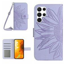 Per Samsung Galaxy S22 Ultra 5G Skin Feel Sun Flower Pattern Flip Custodia in pelle per telefono con cordino (viola)