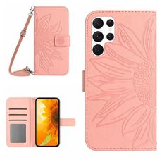 Per Samsung Galaxy S22 Ultra 5G Skin Feel Sun Flower Pattern Flip Custodia in pelle per telefono con cordino (rosa)