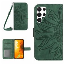Per Samsung Galaxy S22 Ultra 5G Skin Feel Sun Flower Pattern Flip Custodia in pelle per telefono con cordino (verde)