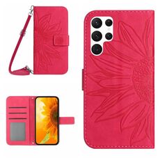 Per Samsung Galaxy S22 Ultra 5G Skin Feel Sun Flower Pattern Flip Custodia in pelle per telefono con cordino (rosa rossa)