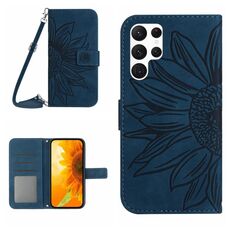 Per Samsung Galaxy S22 Ultra 5G Skin Feel Sun Flower Pattern Flip Custodia in pelle per telefono con cordino (blu inchiostro)
