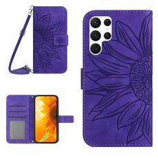 Per Samsung Galaxy S22 Ultra 5G Skin Feel Sun Flower Pattern Flip Custodia in pelle per telefono con cordino (viola scuro)