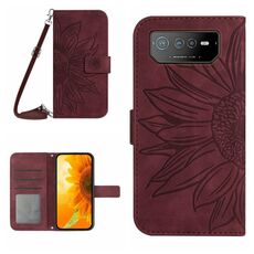 Per Asus ROG Phone 6 Skin Feel Sun Flower Pattern Flip Custodia in pelle per telefono con cordino (vino rosso)