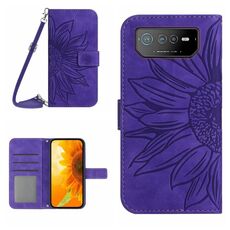 Per Asus ROG Phone 6 Skin Feel Sun Flower Pattern Flip Custodia in pelle per telefono con cordino (viola scuro)