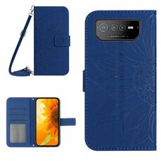 Per Asus ROG Phone 6 Pro Skin Feel Sun Flower Pattern Flip Custodia in pelle per telefono con cordino (blu scuro)