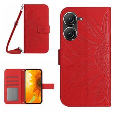 Per Asus ZenFone 9 Skin Feel Sun Flower Pattern Flip Custodia in pelle per telefono con cordino (rosso)