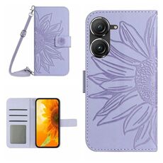 Per Asus ZenFone 9 Skin Feel Sun Flower Pattern Flip Custodia in pelle per telefono con cordino (viola)